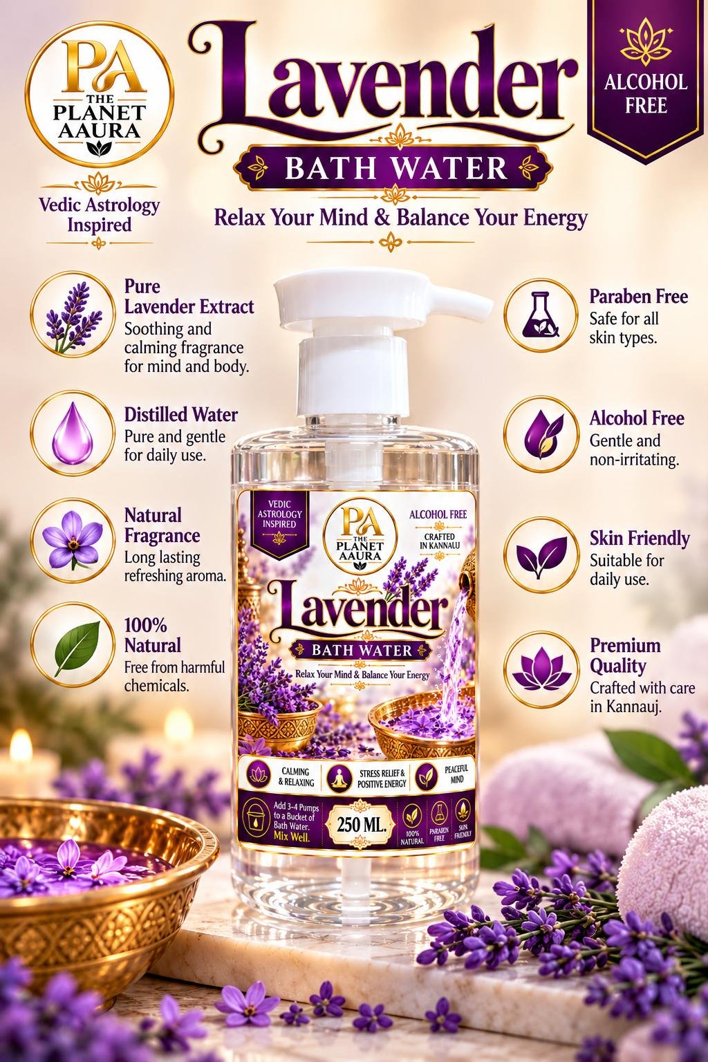 Lavender Bath Water | For Mental Peace, Emotional Balance & Positive Energy – 250 ml - Image 3