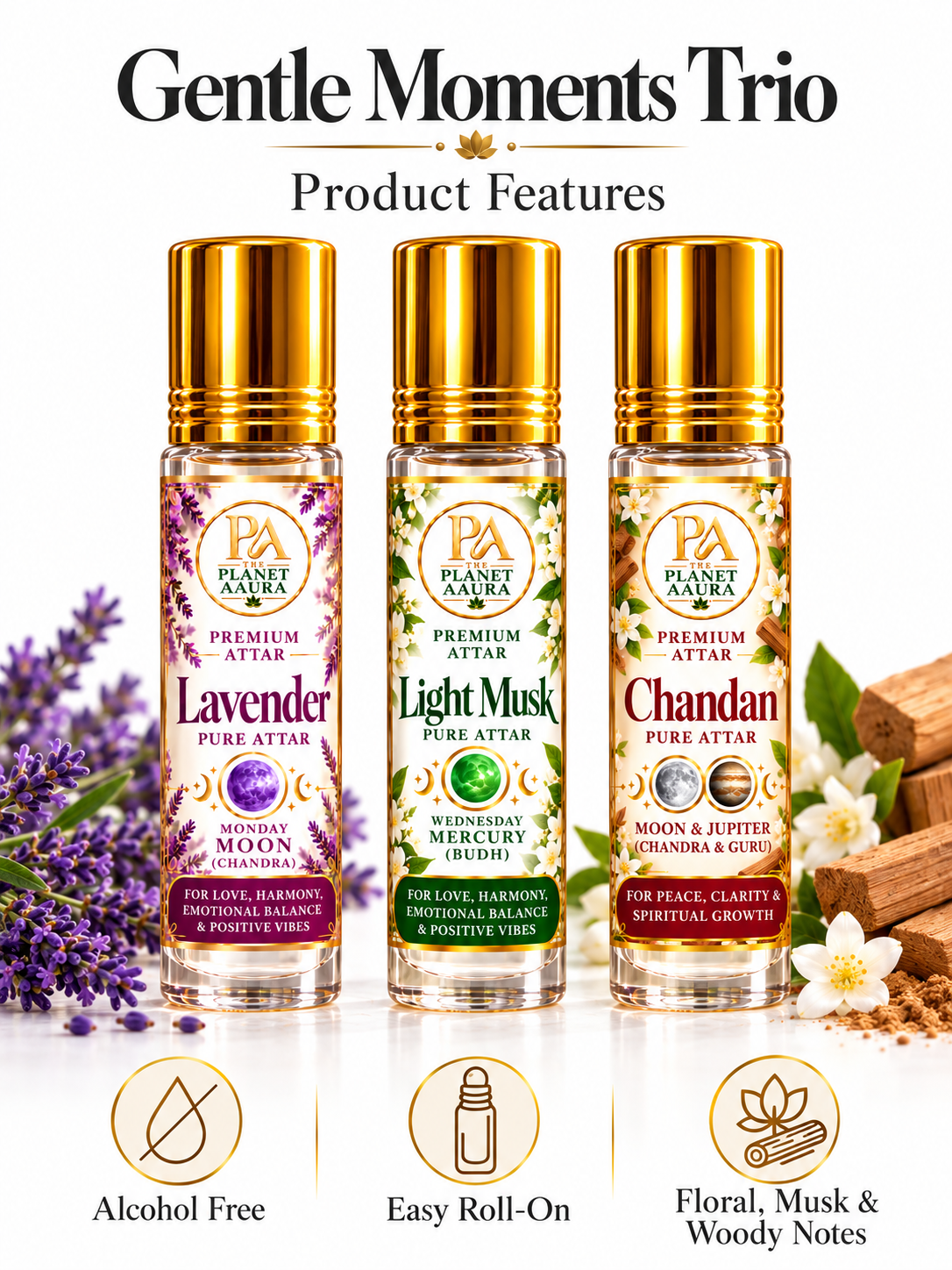 Gentle Moments Trio for Lavender, Light Musk & Chandan Pure Attar | Mental Peace, Emotional Balance, Clarity, Confidence & Prosperity - Image 4