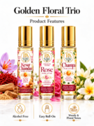 Golden Floral Trio for Kesar Chandan, Rose & Champa Pure Attar | Confidence, Success, Love, Attraction & Prosperity
