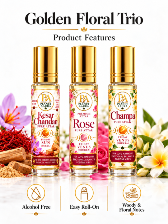 Golden Floral Trio for Kesar Chandan, Rose & Champa Pure Attar | Confidence, Success, Love, Attraction & Prosperity