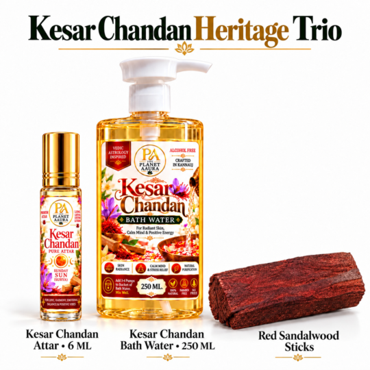 Kesar Chandan Heritage Trio for Pure Sandalwood Attar, Red Sandalwood Sticks & Kesar Chandan Bath Water