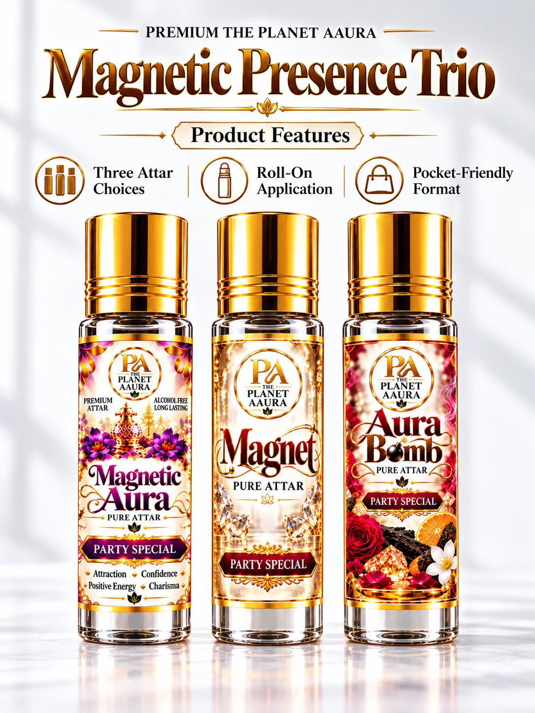 Magnetic Presence Trio for Magnetic Aura, Magnet & Aura Bomb Pure Attar | Attraction, Confidence, Charisma & Party Special Fragrance - Image 3
