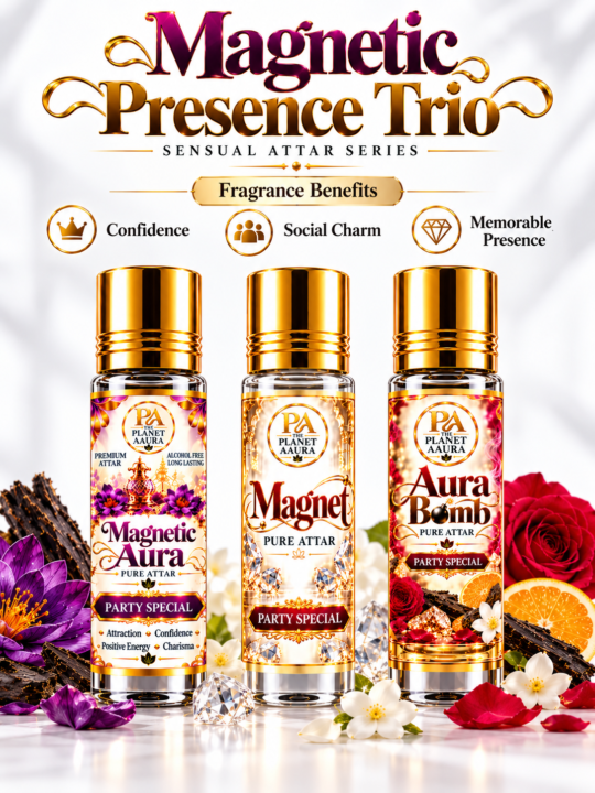 Magnetic Presence Trio for Magnetic Aura, Magnet & Aura Bomb Pure Attar | Attraction, Confidence, Charisma & Party Special Fragrance