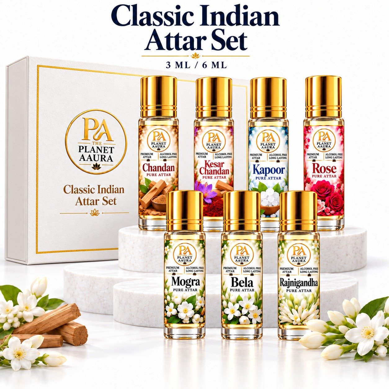 Classic Indian Attar Set for Positivity, Love & Traditional Prosperity | 7 Attars × 3 ML