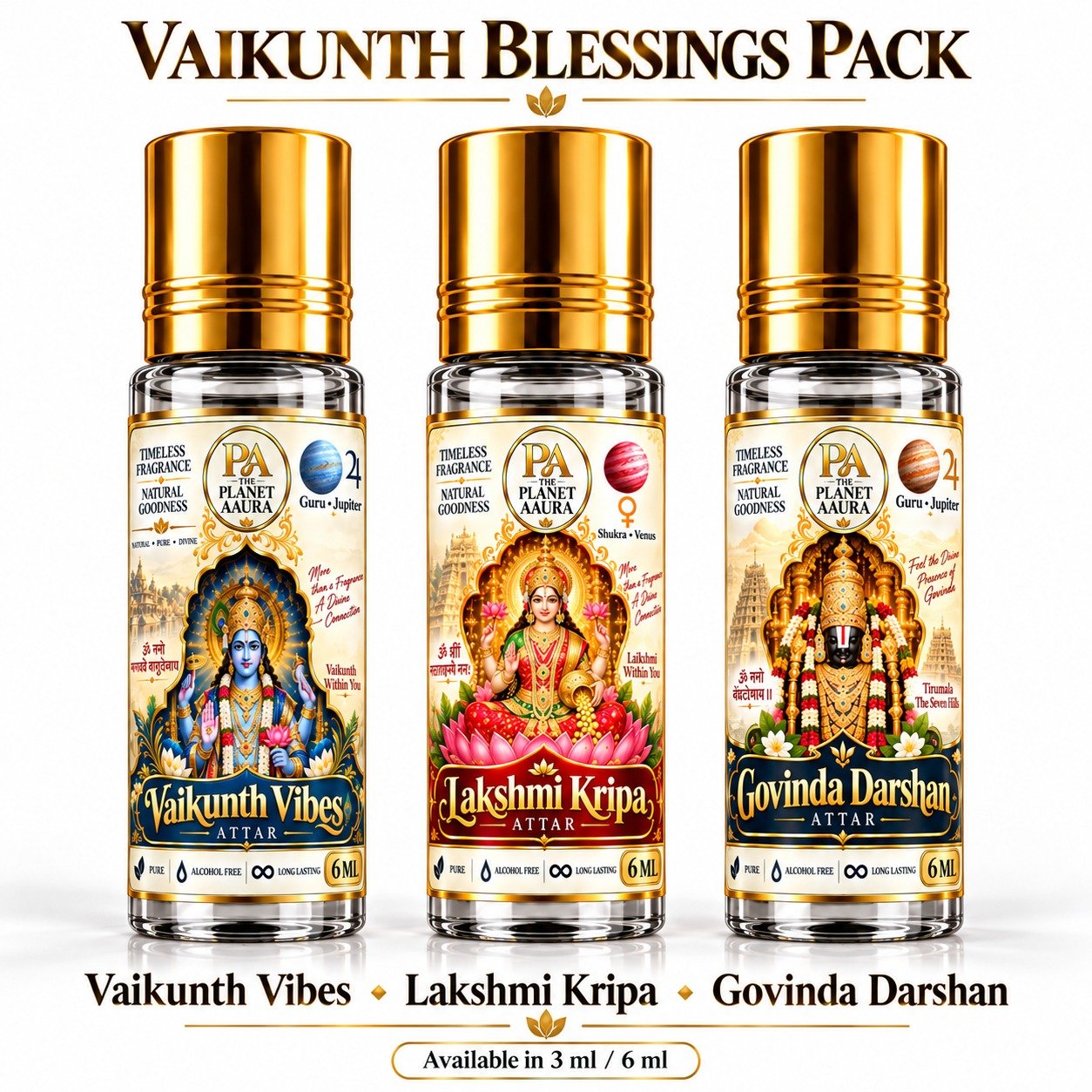 Vaikunth Blessings Pack for Pure Spiritual Attar Trio | Vaikunth Dhaam, Laxmi Kripa & Govinda Darshan