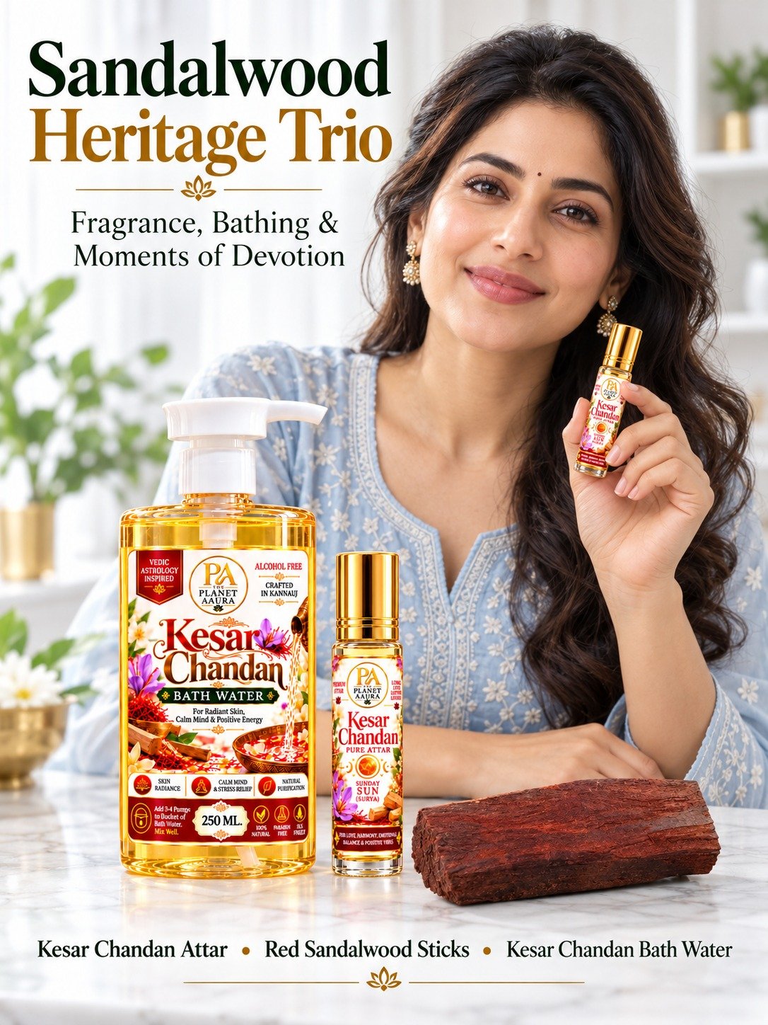 Sandalwood Heritage Trio for Pure Sandalwood Attar, Red Sandalwood Sticks & Kesar Chandan Bath Water - Image 5