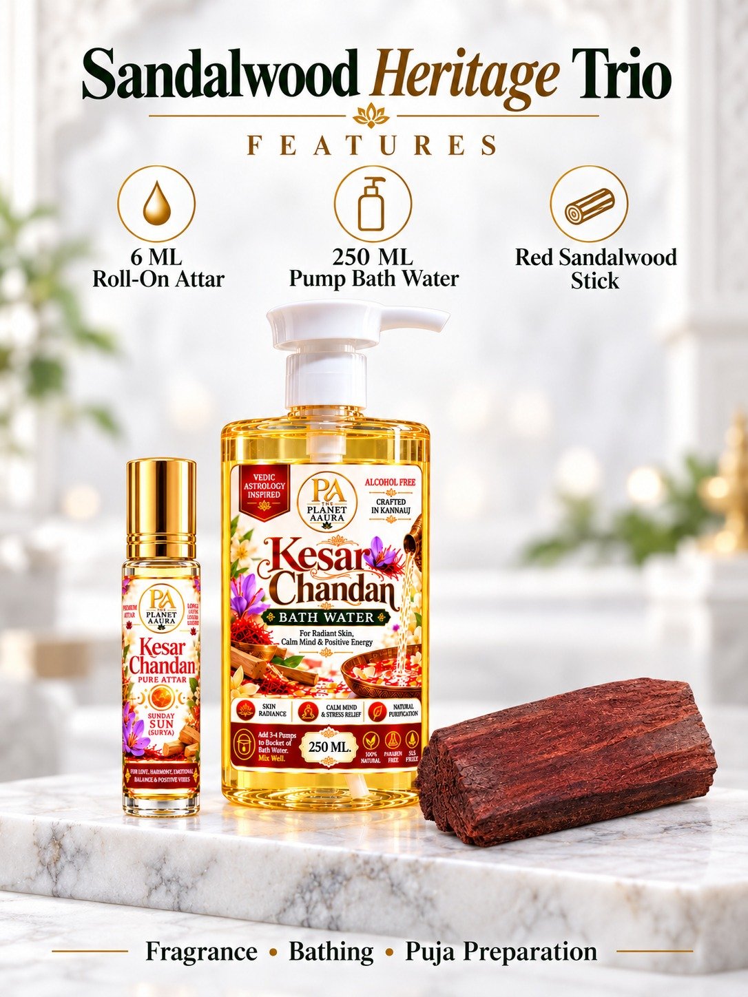 Sandalwood Heritage Trio for Pure Sandalwood Attar, Red Sandalwood Sticks & Kesar Chandan Bath Water - Image 2