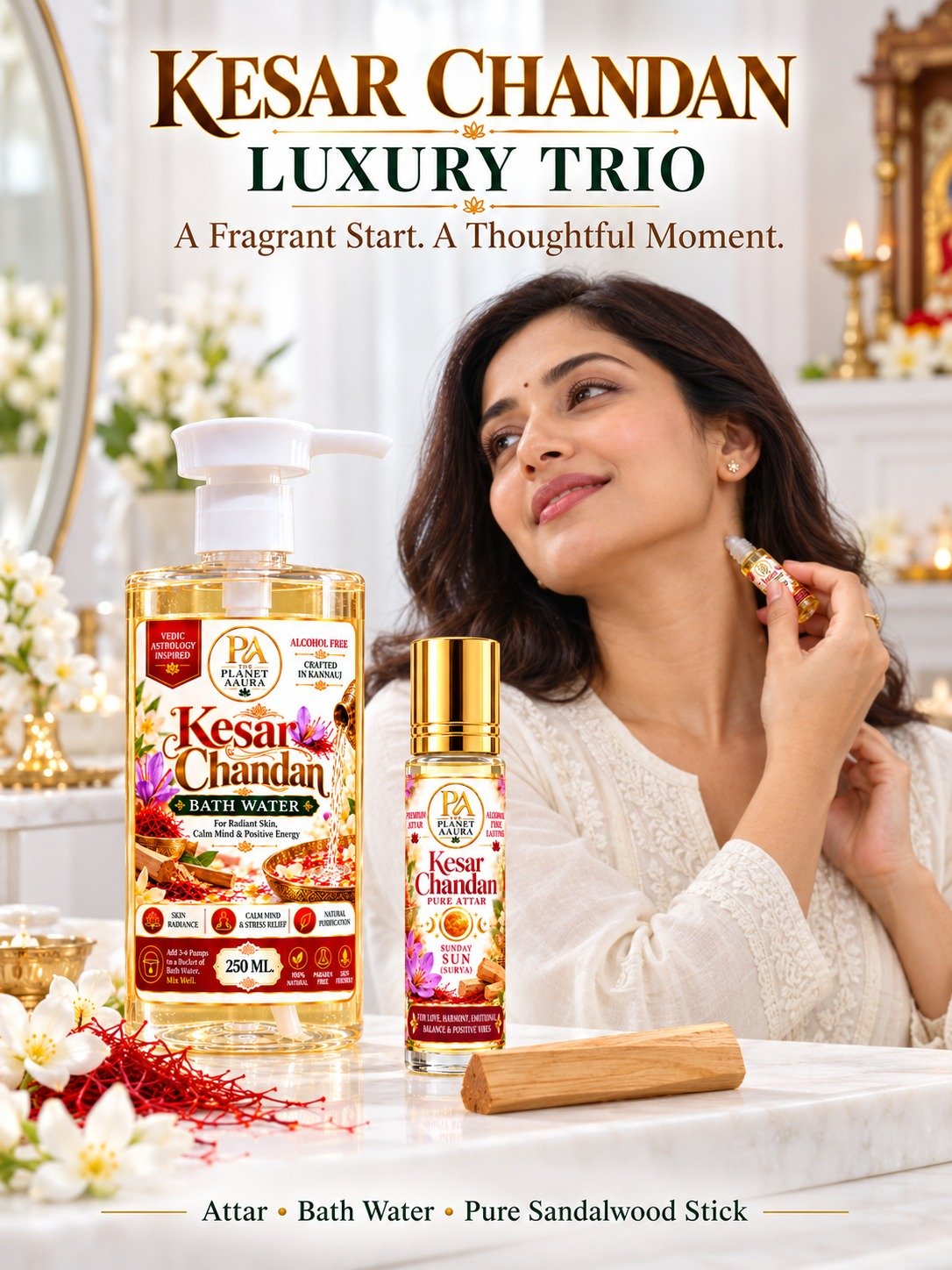 Kesar Chandan Luxury Trio for Attar 6 ML, Bath Water 250 ML & Pure Sandalwood Sticks - Image 2