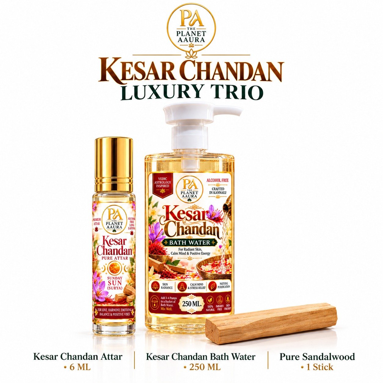 Kesar Chandan Luxury Trio for Attar 6 ML, Bath Water 250 ML & Pure Sandalwood Sticks
