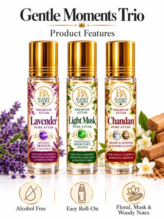 Gentle Moments Trio for Lavender, Light Musk & Chandan Pure Attar | Mental Peace, Emotional Balance, Clarity, Confidence & Prosperity