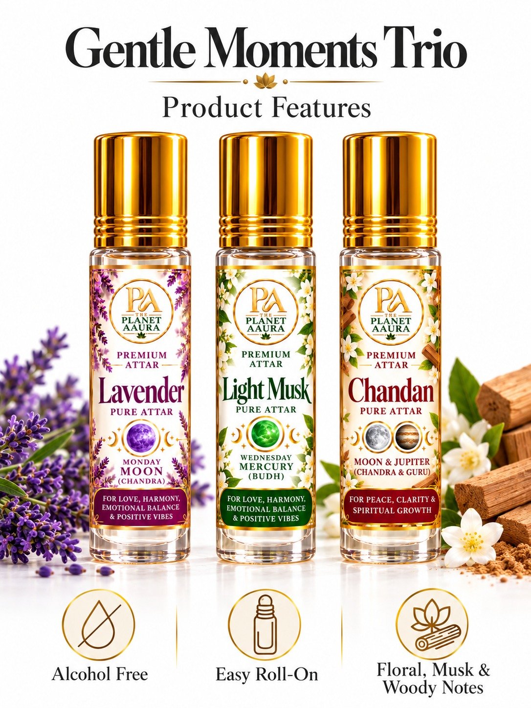 Gentle Moments Trio for Lavender, Light Musk & Chandan Pure Attar | Mental Peace, Emotional Balance, Clarity, Confidence & Prosperity
