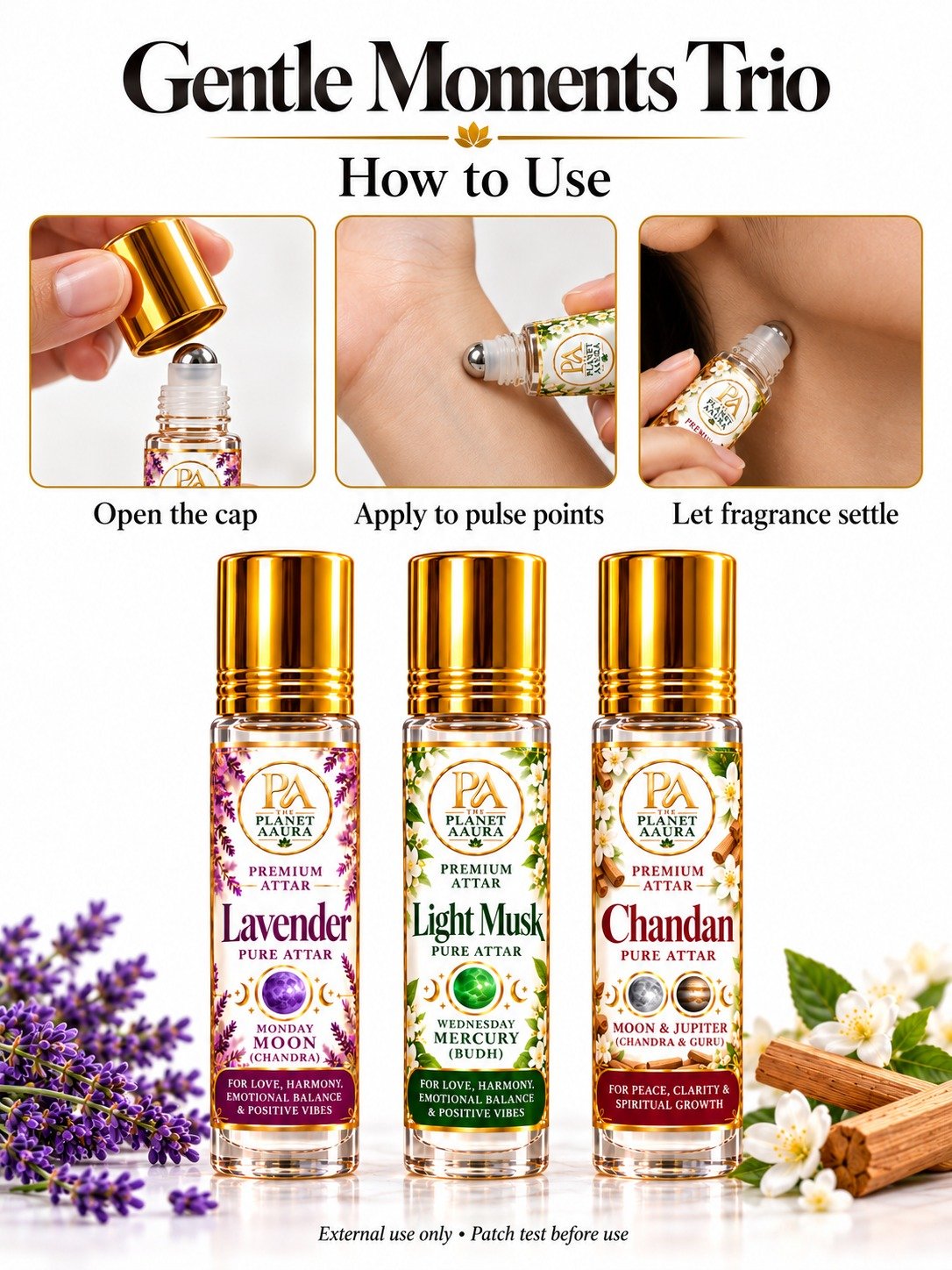 Gentle Moments Trio for Lavender, Light Musk & Chandan Pure Attar | Mental Peace, Emotional Balance, Clarity, Confidence & Prosperity - Image 5