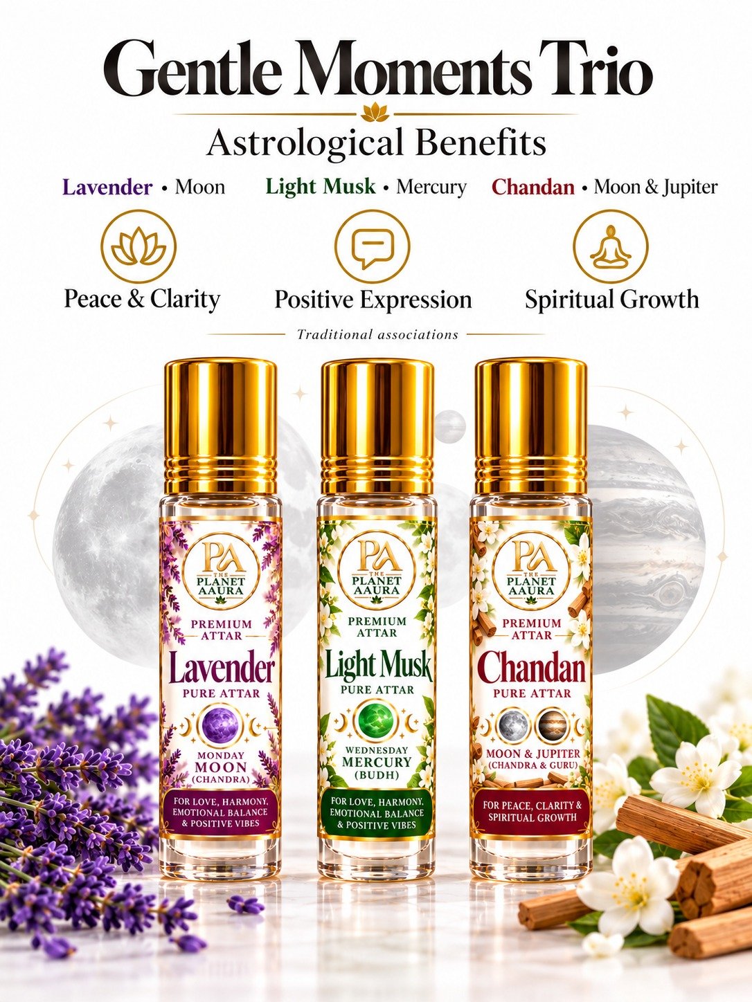 Gentle Moments Trio for Lavender, Light Musk & Chandan Pure Attar | Mental Peace, Emotional Balance, Clarity, Confidence & Prosperity - Image 3