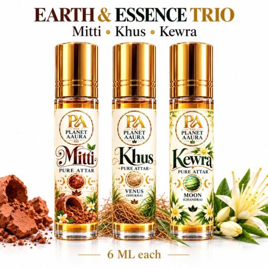 Earth & Essence Trio for Mitti, Khus & Kewra Pure Attar | Natural Freshness, Love, Harmony, Mental Peace & Earthy Elegance | 6 ML × 3