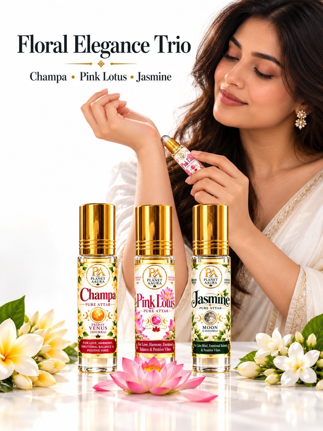 Floral Elegance Trio for Champa, Pink Lotus & Jasmine Pure Attar | Love, Attraction, Harmony, Beauty & Emotional Balance - Image 2