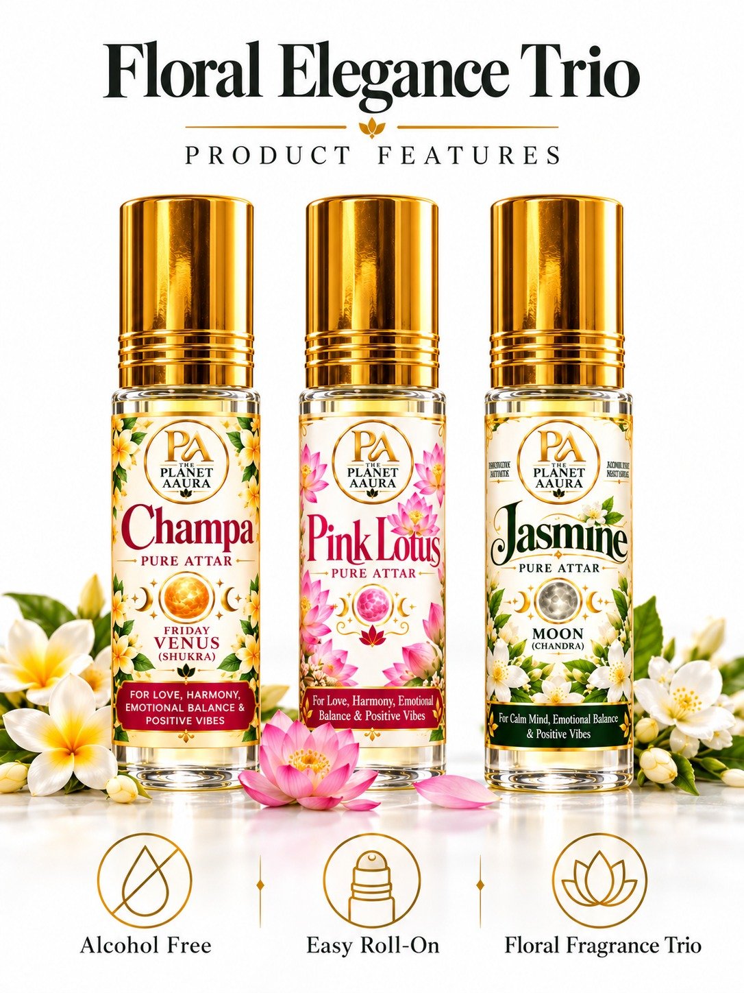 Floral Elegance Trio for Champa, Pink Lotus & Jasmine Pure Attar | Love, Attraction, Harmony, Beauty & Emotional Balance