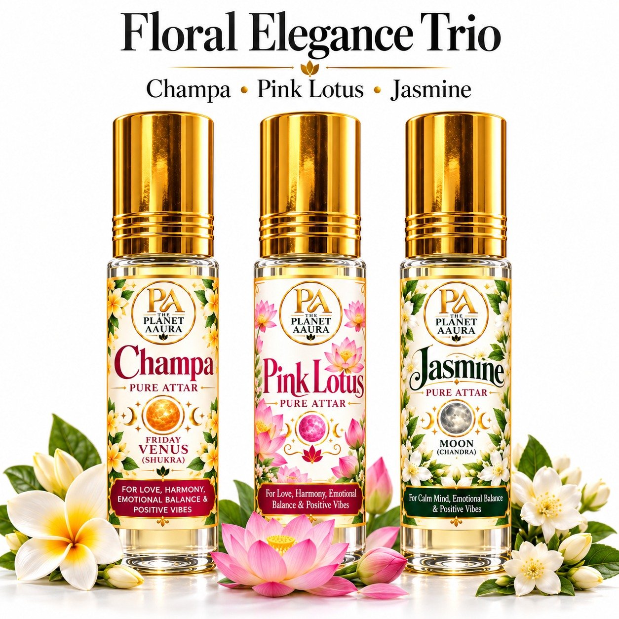 Floral Elegance Trio for Champa, Pink Lotus & Jasmine Pure Attar | Love, Attraction, Harmony, Beauty & Emotional Balance - Image 4