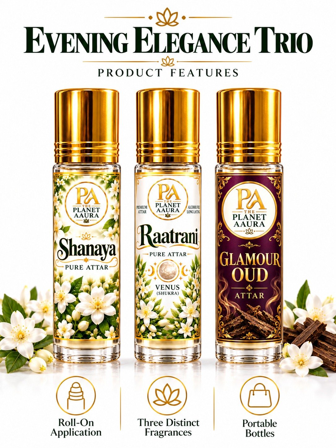 Evening Elegance Trio for Shanaya, Raatrani & Glamour Oud Pure Attar | Love, Attraction, Confidence, Romance & Royal Elegance - Image 4