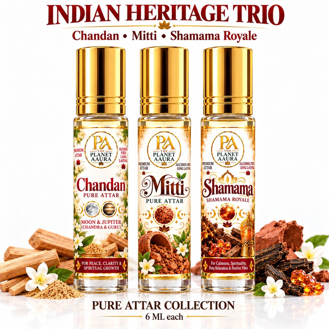 Indian Heritage Trio for Chandan, Mitti & Shamama Royale Pure Attar | Mental Peace, Wisdom, Stability, Spiritual Harmony & Royal Elegance | 6 ML × 3 - Image 2
