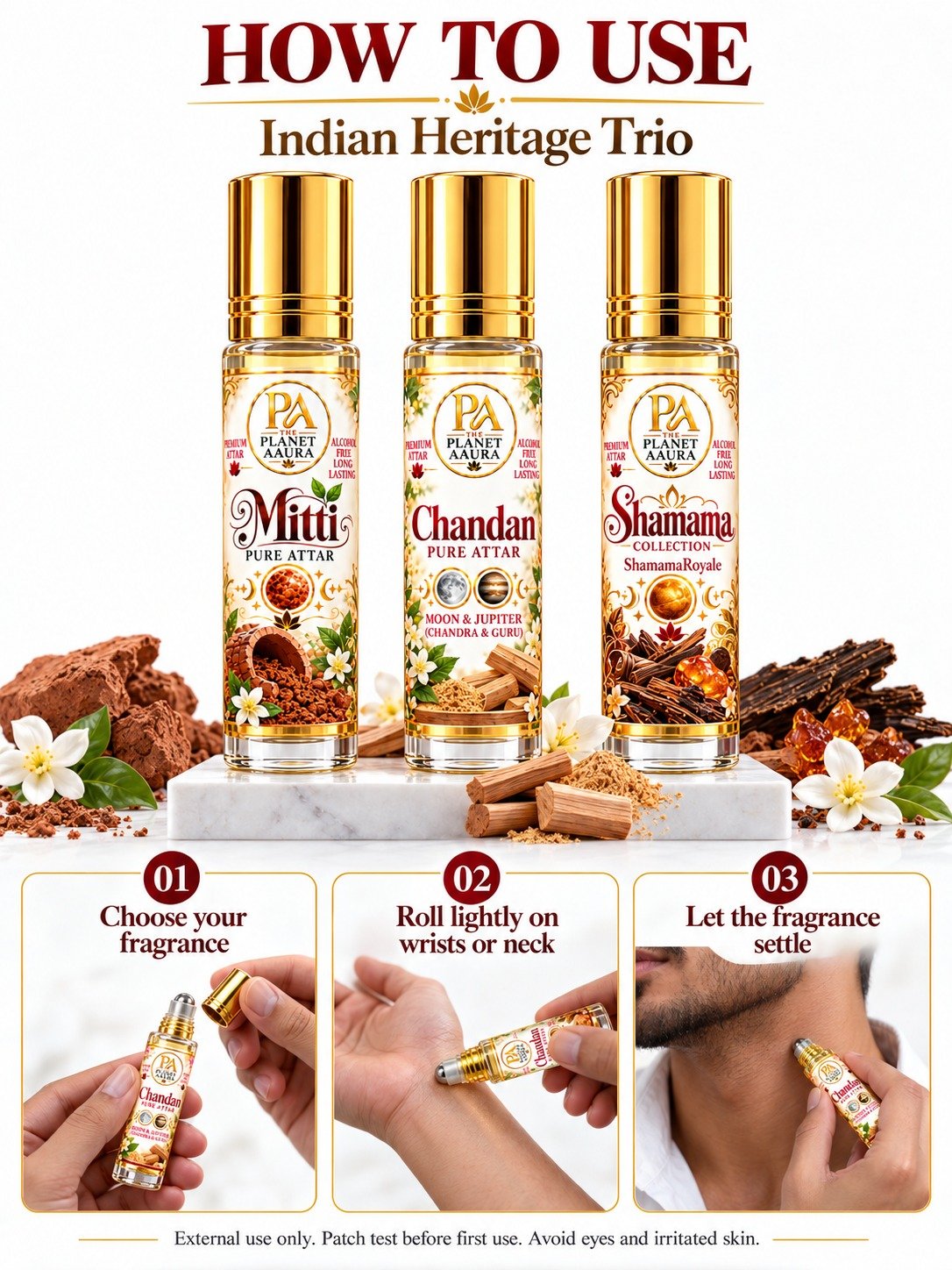 Indian Heritage Trio for Chandan, Mitti & Shamama Royale Pure Attar | Mental Peace, Wisdom, Stability, Spiritual Harmony & Royal Elegance | 6 ML × 3 - Image 3