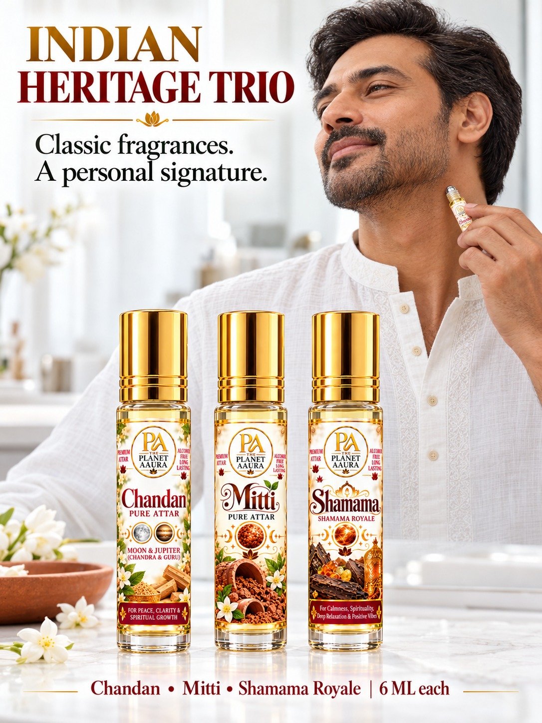 Indian Heritage Trio for Chandan, Mitti & Shamama Royale Pure Attar | Mental Peace, Wisdom, Stability, Spiritual Harmony & Royal Elegance | 6 ML × 3