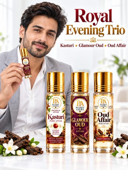 Royal Evening Trio for Kasturi, Glamour Oud & Oud Affair Pure Attar | Confidence, Leadership, Luxury, Attraction & Royal Elegance