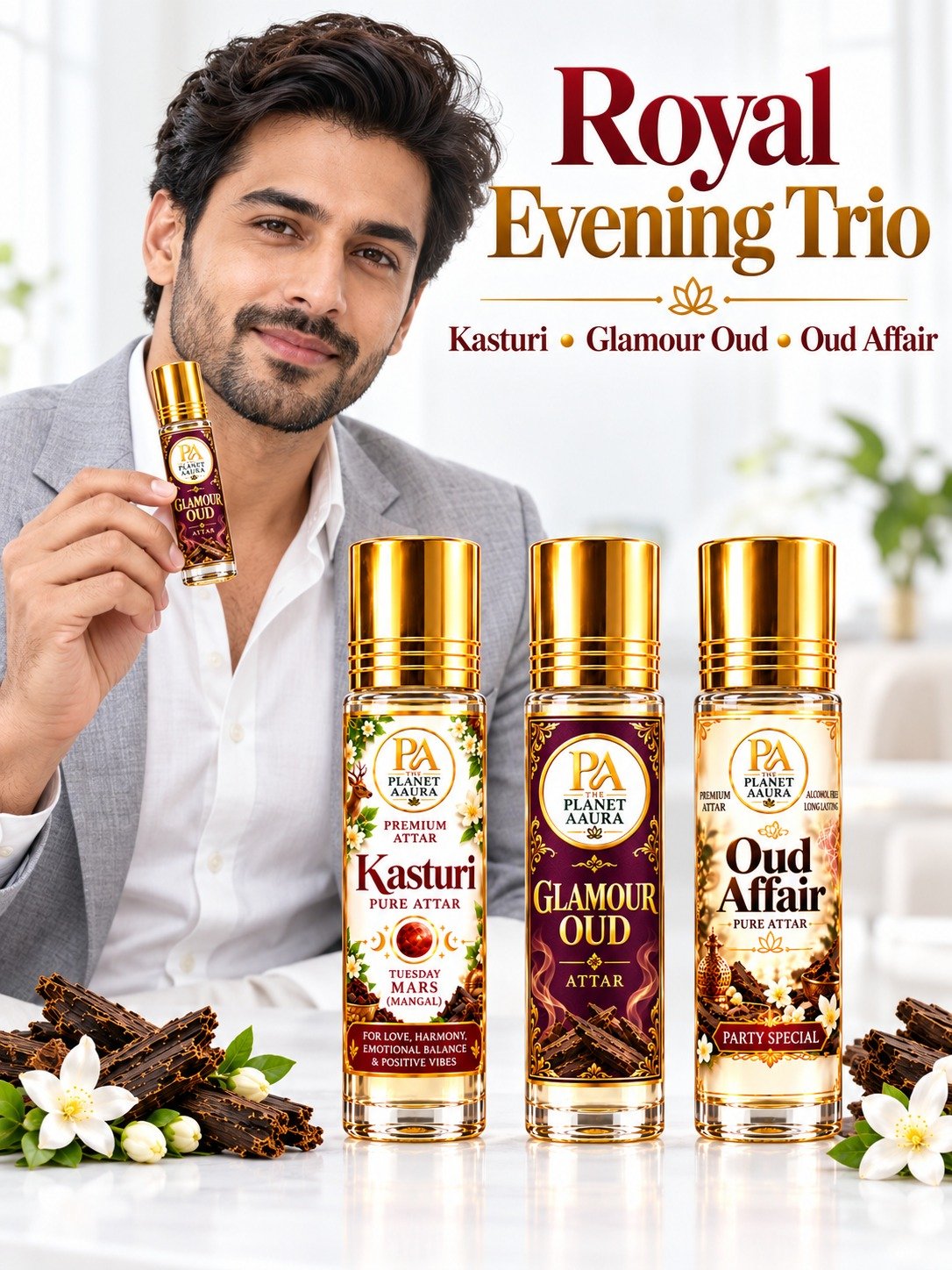 Royal Evening Trio for Kasturi, Glamour Oud & Oud Affair Pure Attar | Confidence, Leadership, Luxury, Attraction & Royal Elegance