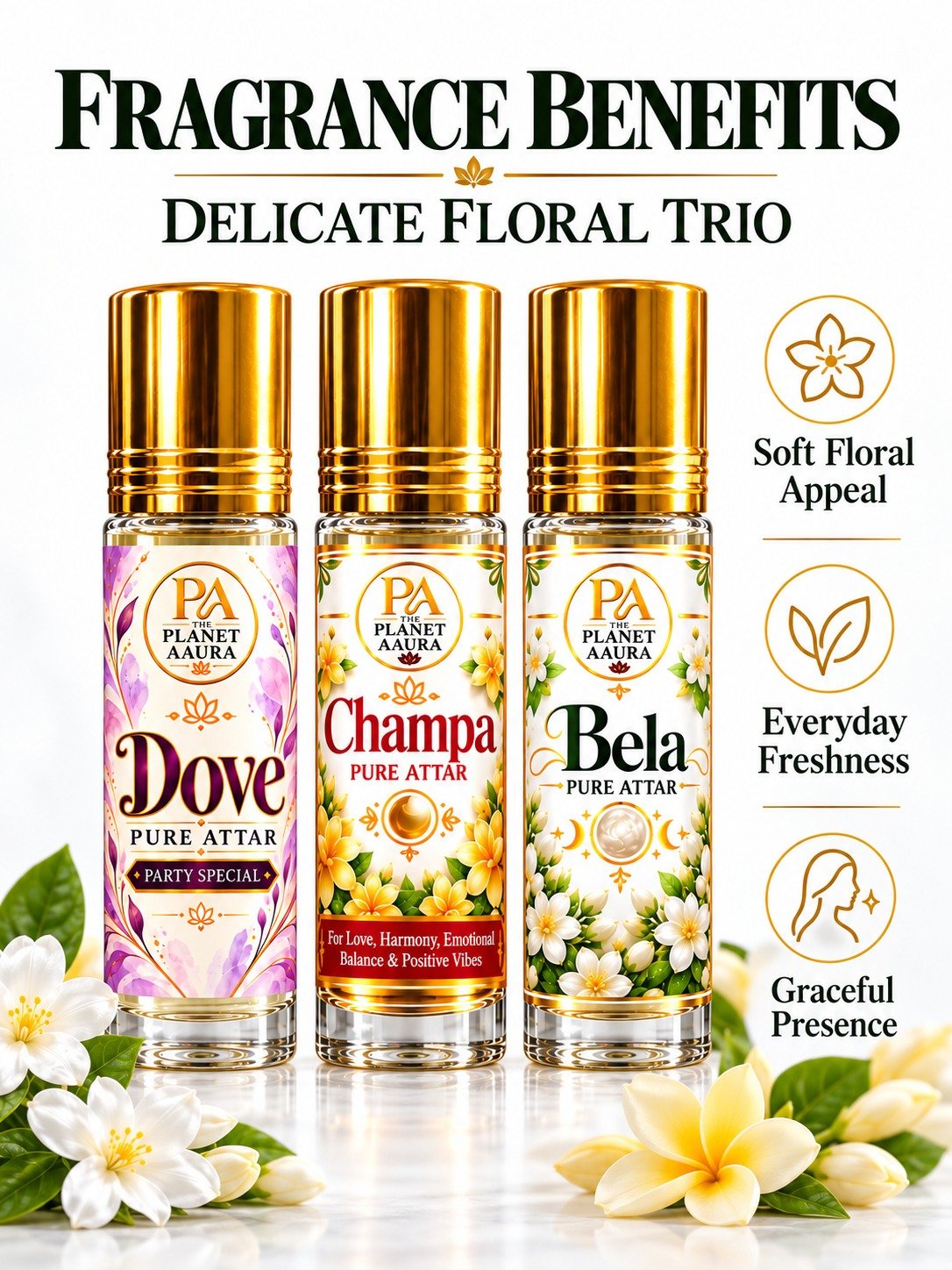Delicate Floral Trio for Dove, Champa & Bela Pure Attar | Love, Attraction, Marriage Harmony, Freshness & Floral Elegance - Image 3