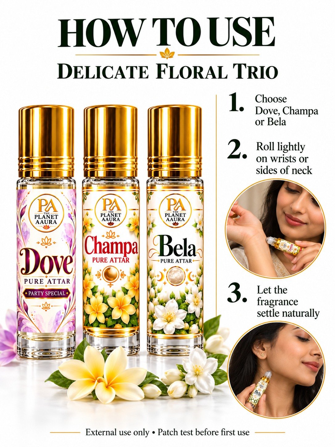Delicate Floral Trio for Dove, Champa & Bela Pure Attar | Love, Attraction, Marriage Harmony, Freshness & Floral Elegance - Image 4