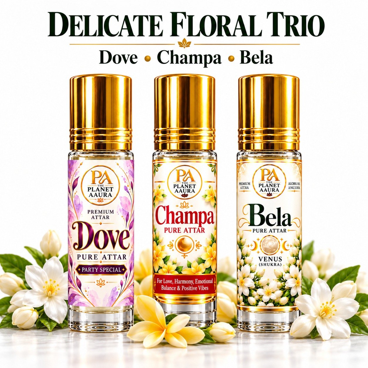 Delicate Floral Trio for Dove, Champa & Bela Pure Attar | Love, Attraction, Marriage Harmony, Freshness & Floral Elegance - Image 2